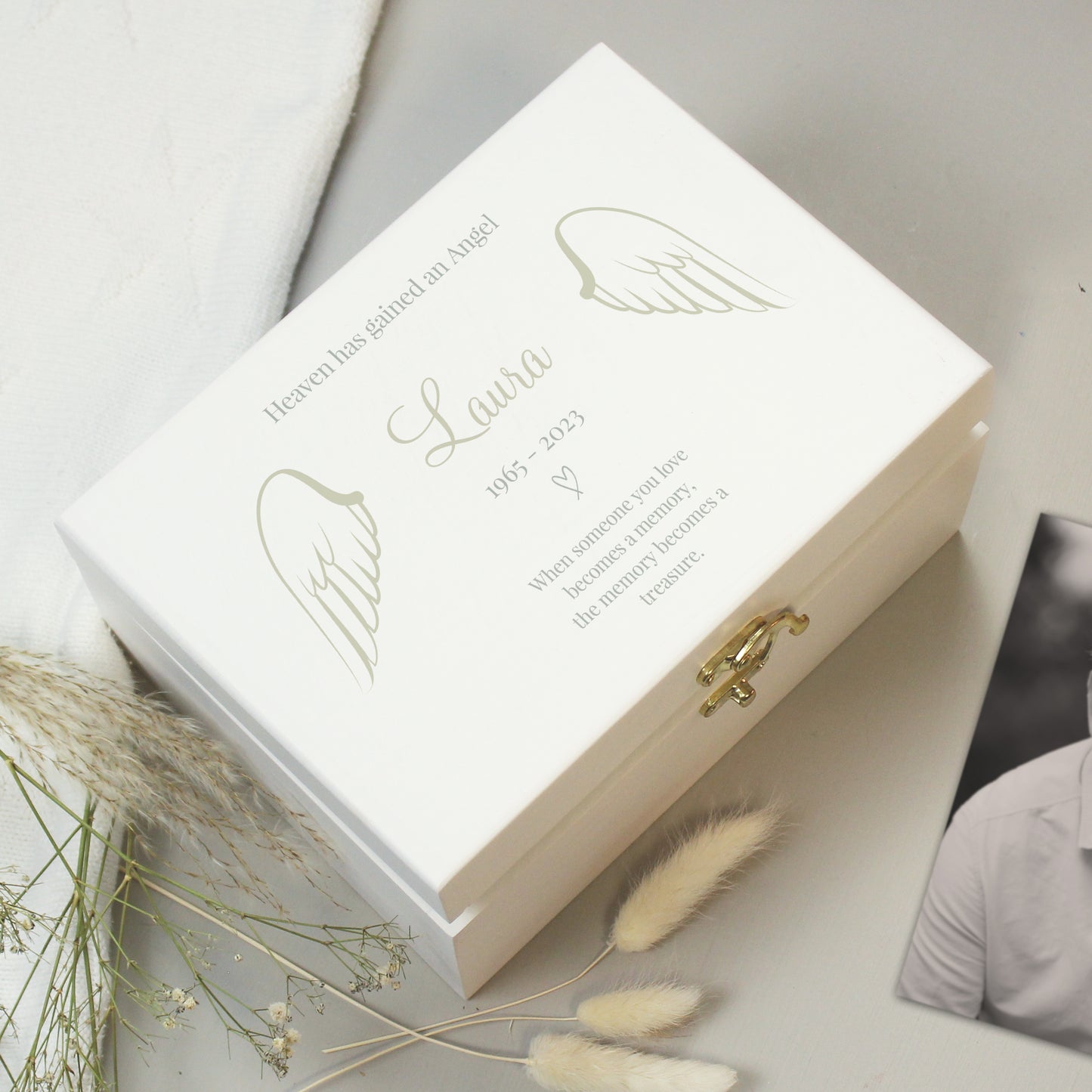 Personalised Angel Wings Memorial White Wooden Box from Heartfelt Gifts