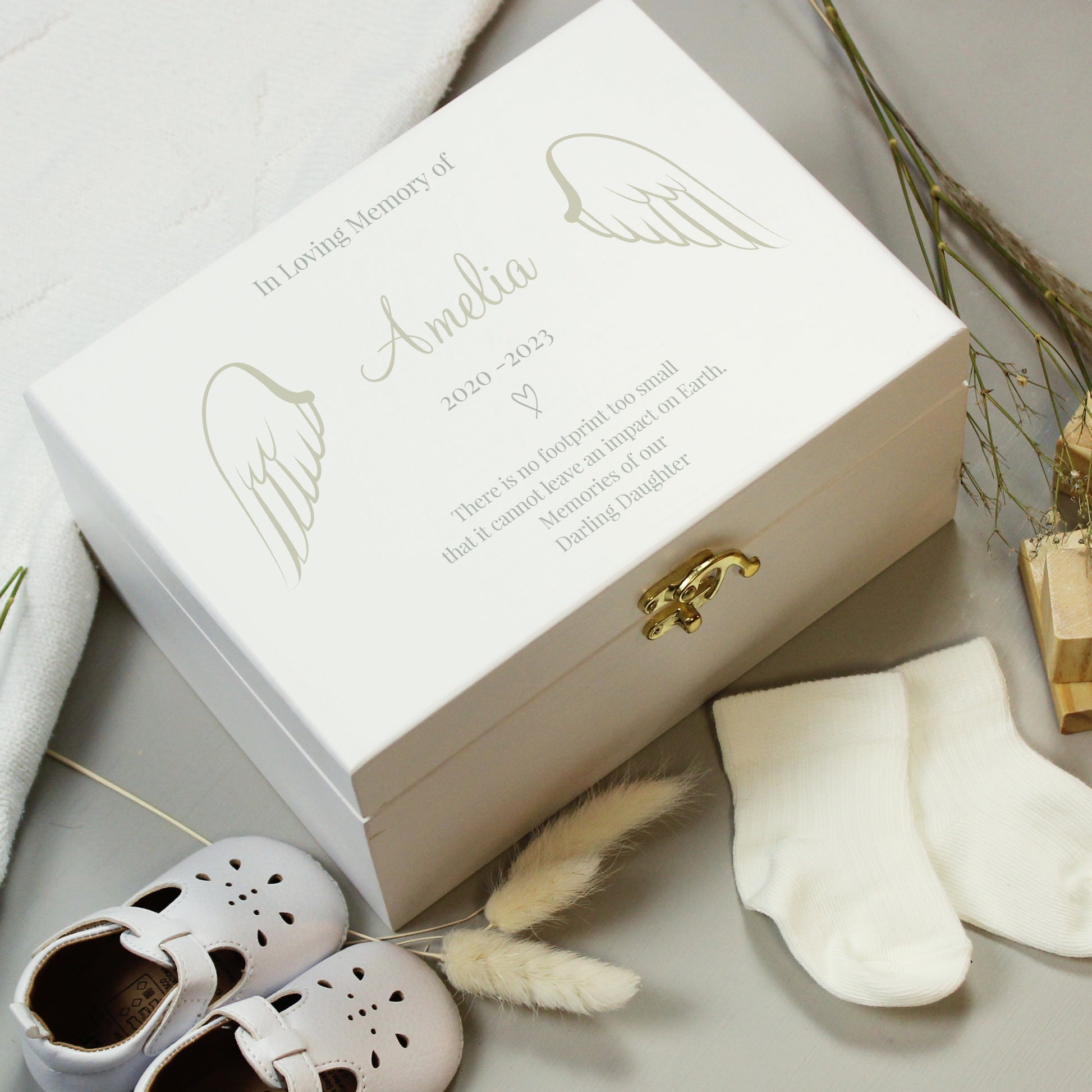 Personalised Angel Wings Memorial White Wooden Box - image 2