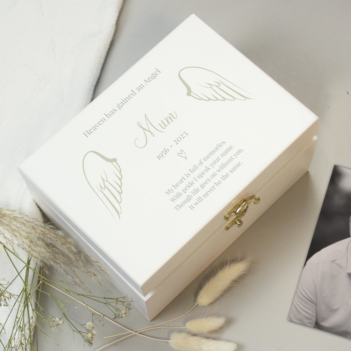 Personalised Angel Wings Memorial White Wooden Box - image 3