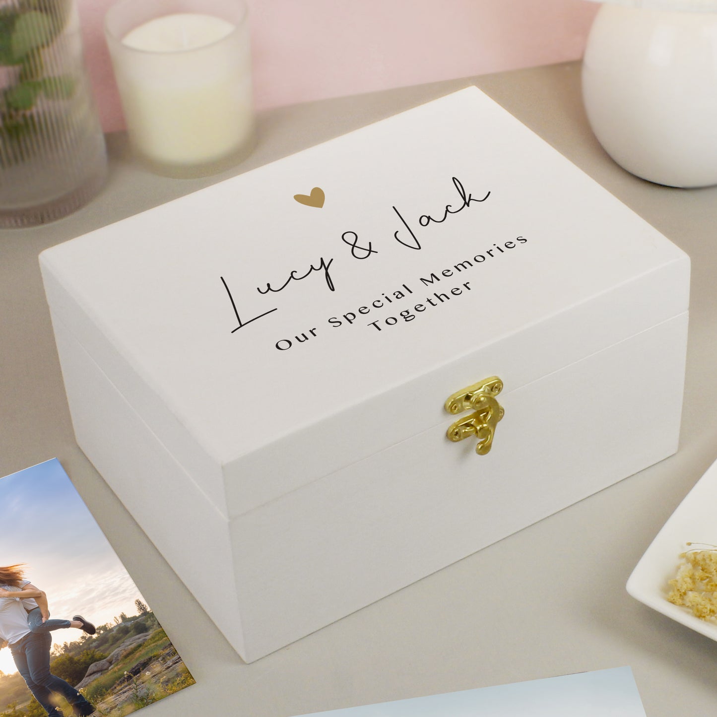 Personalised Gold Heart White Memory Box from Heartfelt Gifts