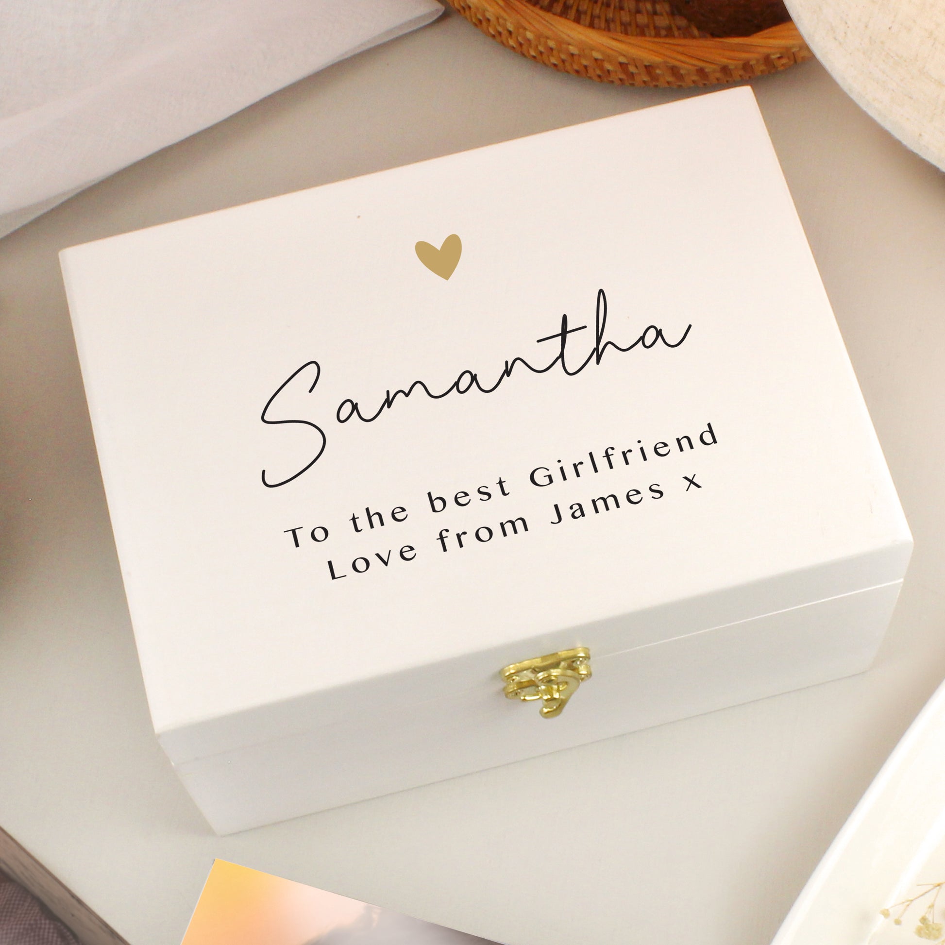 Personalised Gold Heart White Memory Box - image 3