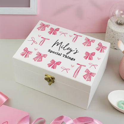 Personalised Bow Wooden Storage Box – Jewellery Keepsake Birthday Gift for Her