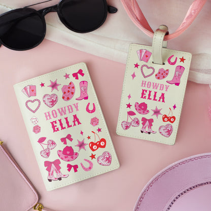 Cowgirl passport holder and luggage tag set with two-line personalisation