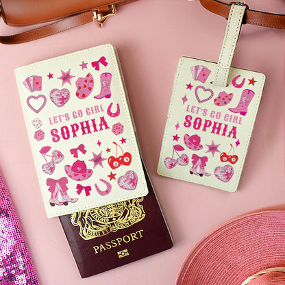 Cowgirl passport holder and luggage tag shown together