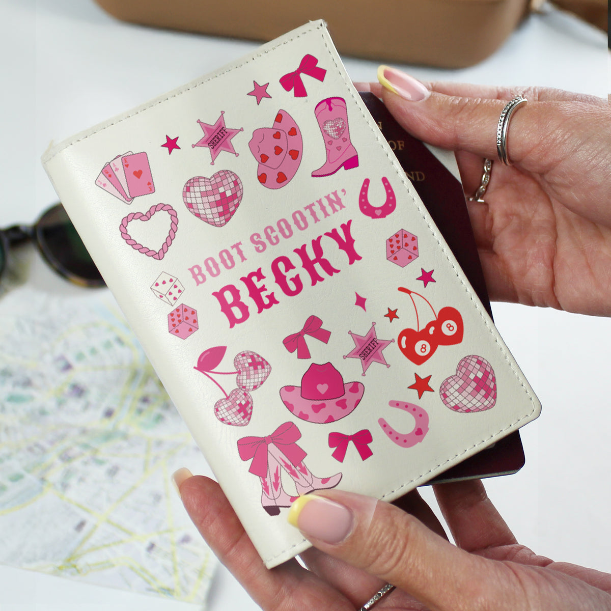 Matching cowgirl luggage tag with uppercase message