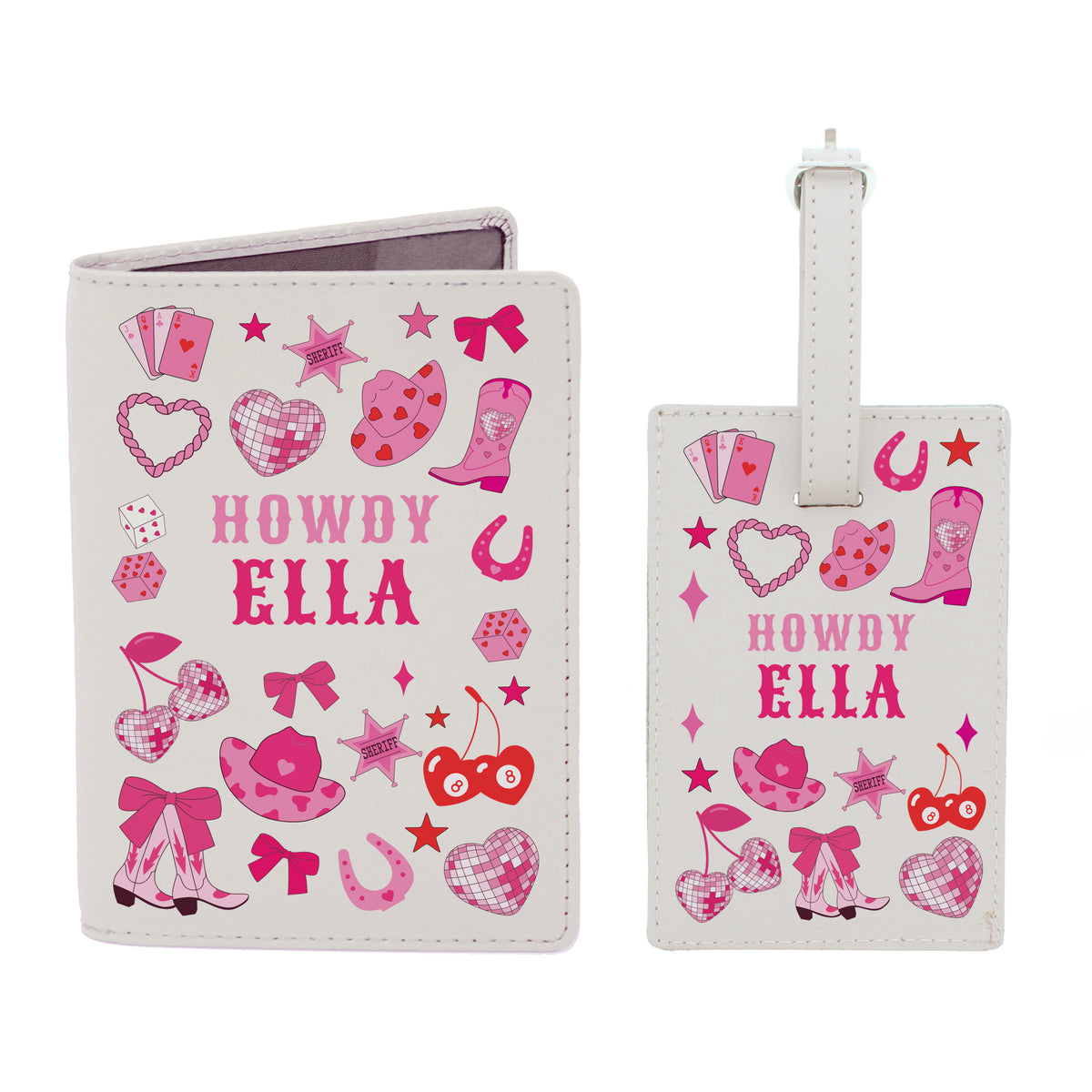 Close-up of two-line personalisation on cowgirl travel set