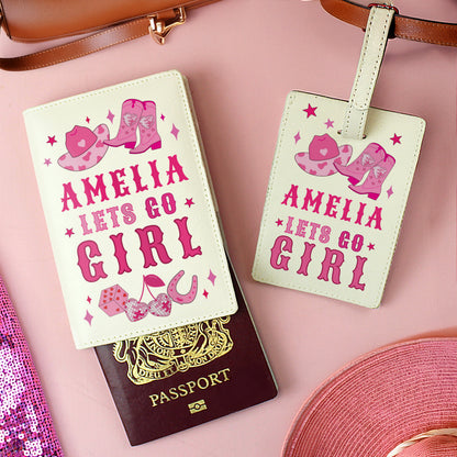 Matching cowgirl luggage tag personalised in uppercase