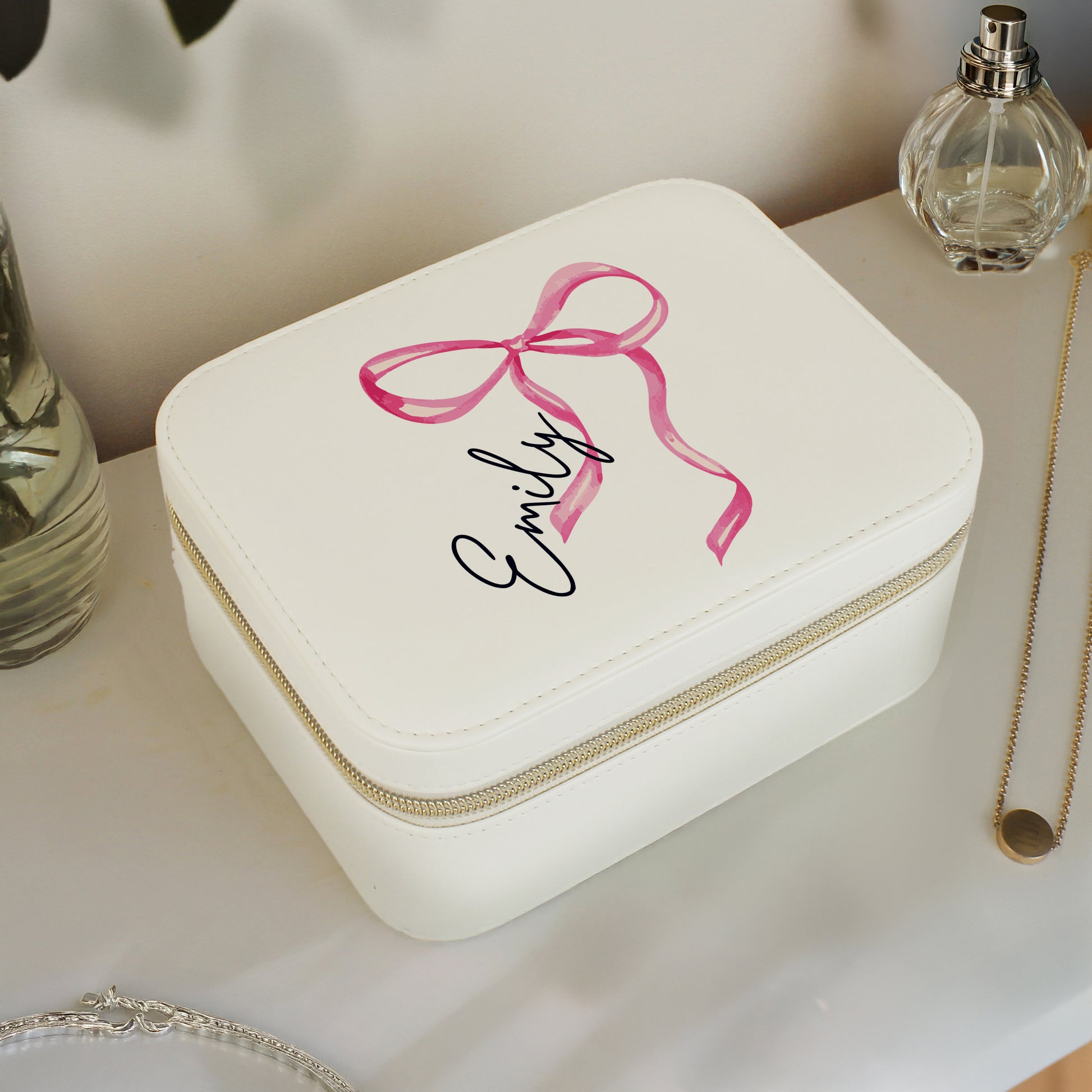 Personalised Bow Travel Jewellery Box – Birthday Valentine's Gift for Her