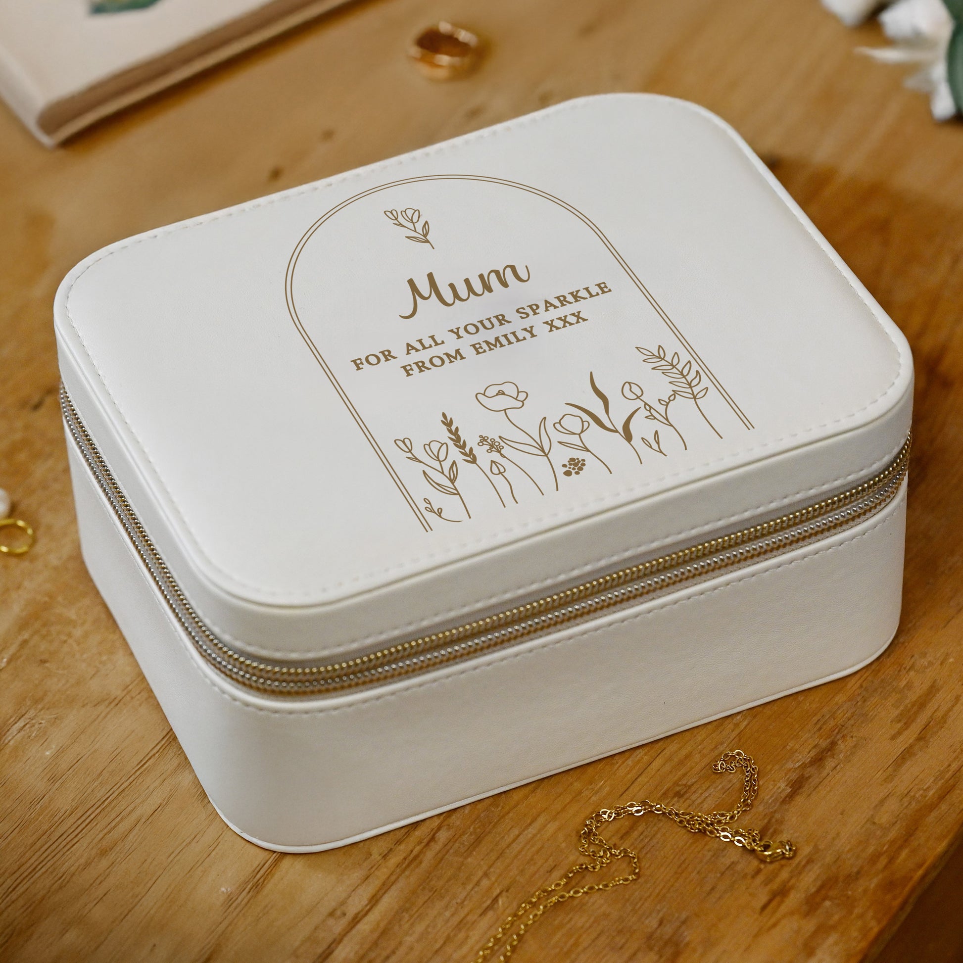 Personalised Floral Arch Travel Jewellery Box – Gold Design Birthday Gift for Her