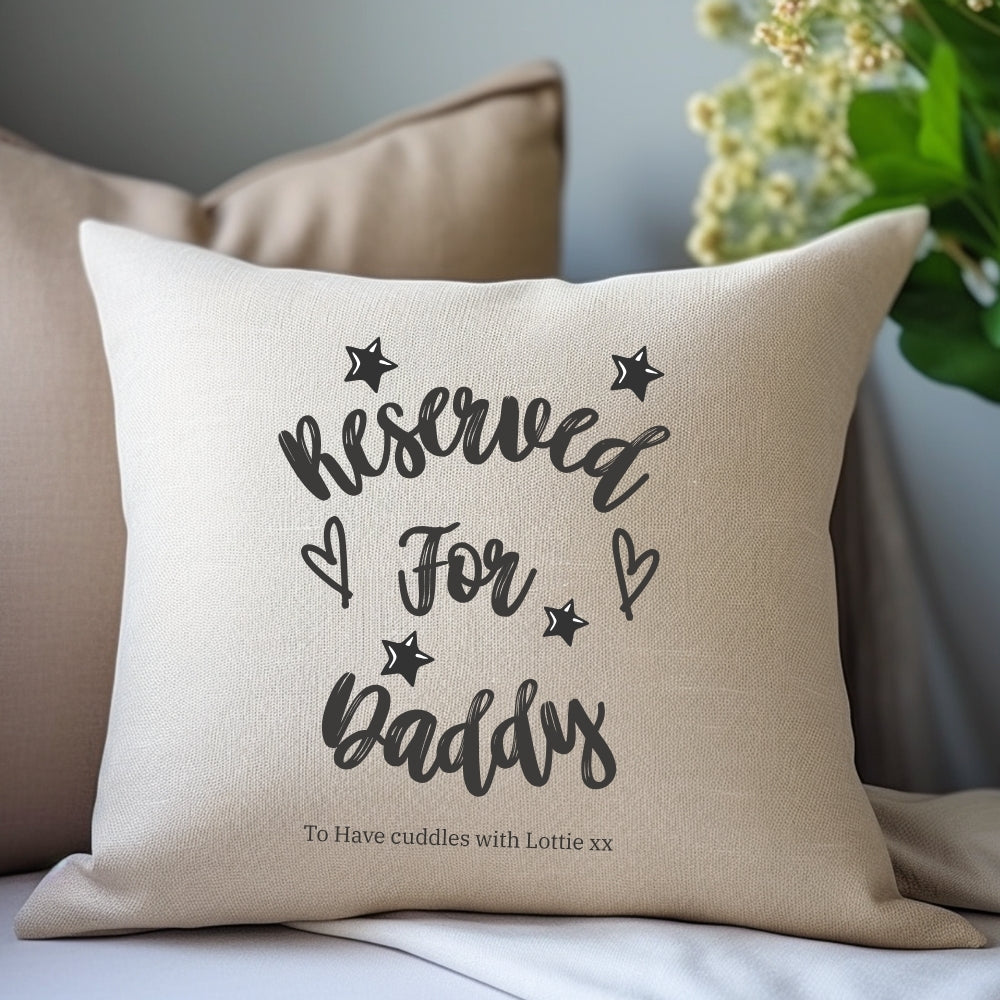 Personalised Reserved for Daddy star-themed cushion